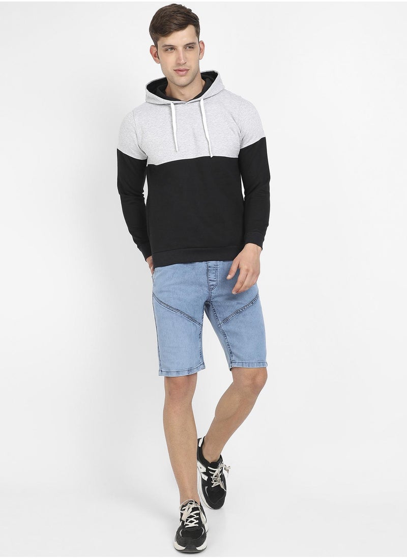 Men's Black & Grey Pullover Hoodie With Ribbed Hem