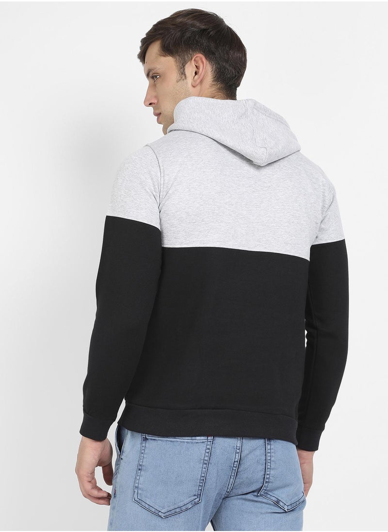 Men's Black & Grey Pullover Hoodie With Ribbed Hem