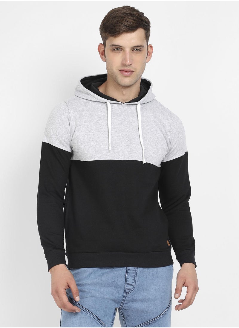 Men's Black & Grey Pullover Hoodie With Ribbed Hem