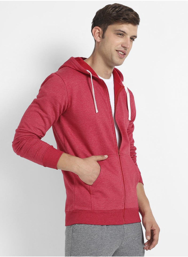 Men's Red Zip-Front Hoodie With Contrast Drawstring