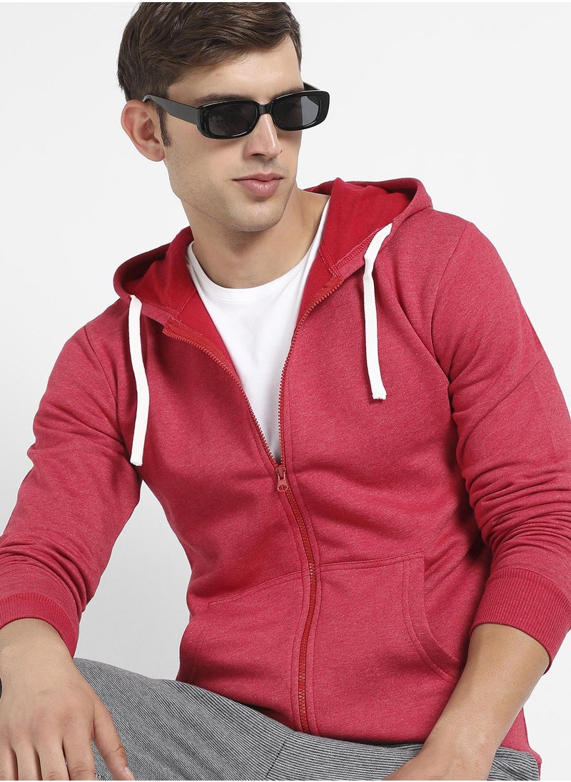 Men's Red Zip-Front Hoodie With Contrast Drawstring