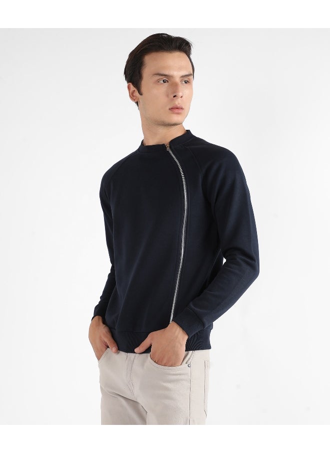 Men's Navy Blue Sweatshirt With Asymmetriclal Zip