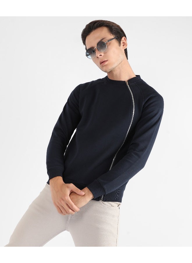 Men's Navy Blue Sweatshirt With Asymmetriclal Zip