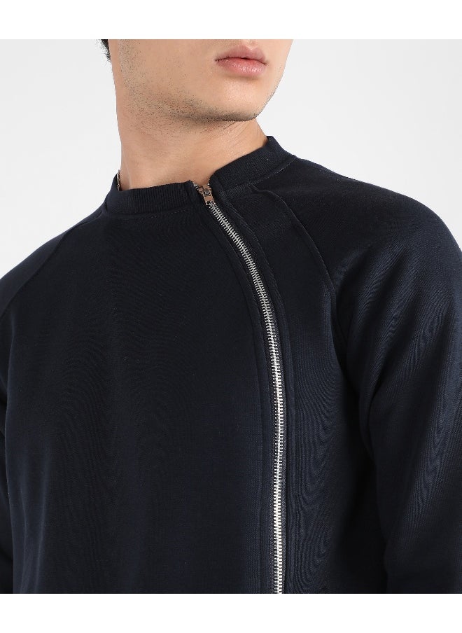 Men's Navy Blue Sweatshirt With Asymmetriclal Zip