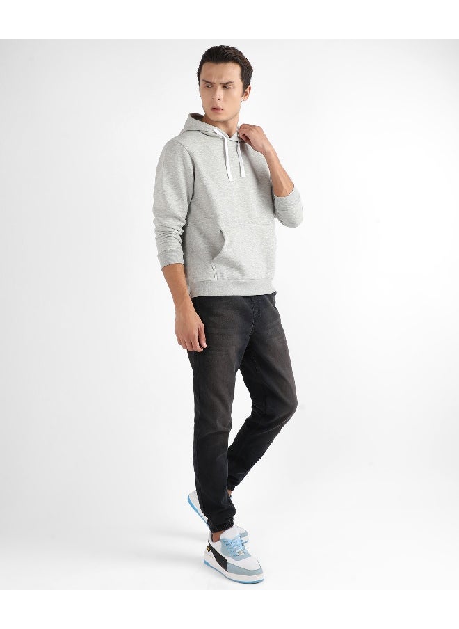 Men's Light Grey Pullover Hoodie With Contrast Drawstring