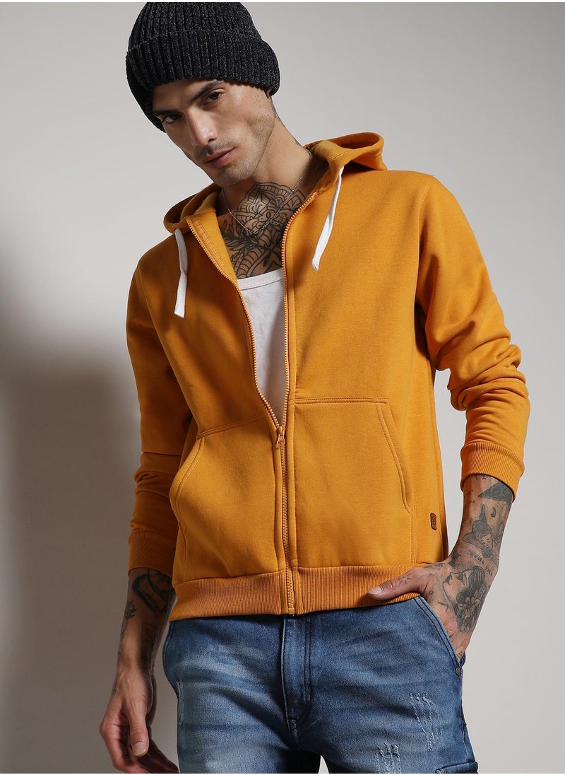 Men's Mustard Yellow Zip-Front Hoodie With Contrast Drawstring