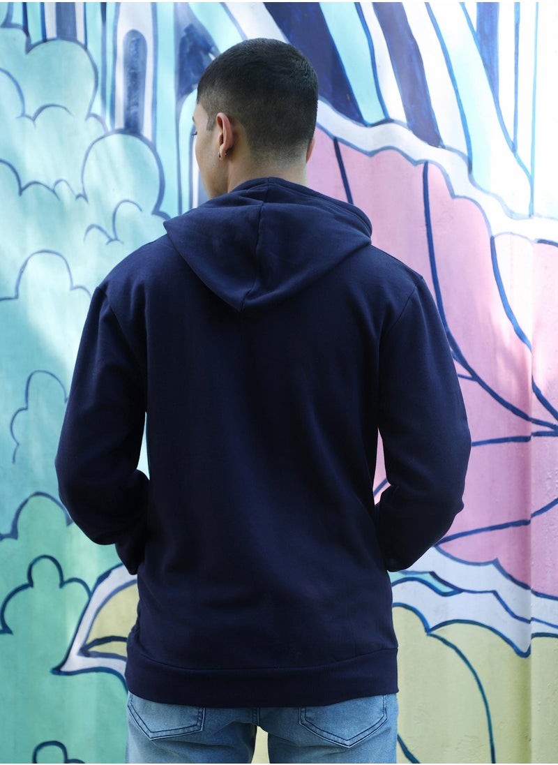 Men's Navy Blue Pullover Hoodie With Contrast Drawstring