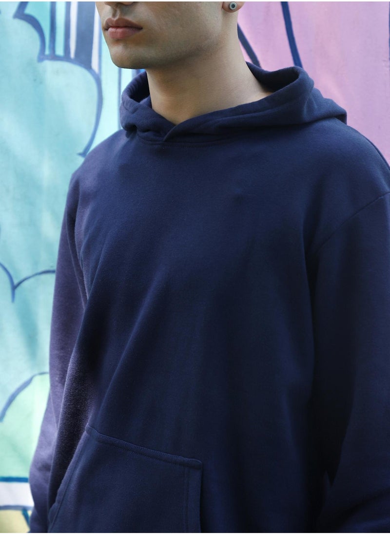 Men's Navy Blue Pullover Hoodie With Contrast Drawstring