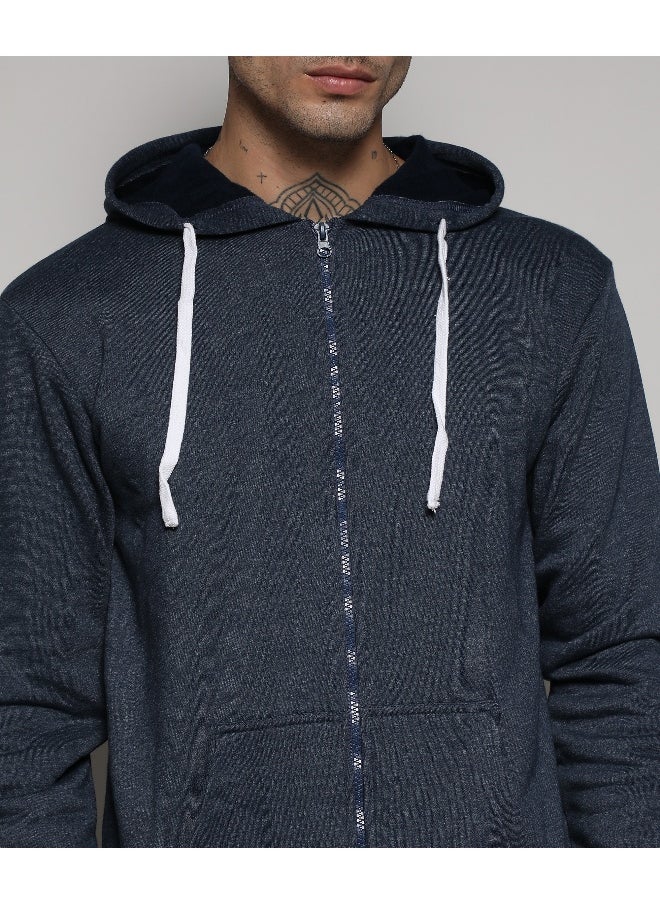 Men's Dark Blue Zip-Front Hoodie With Contrast Drawstring