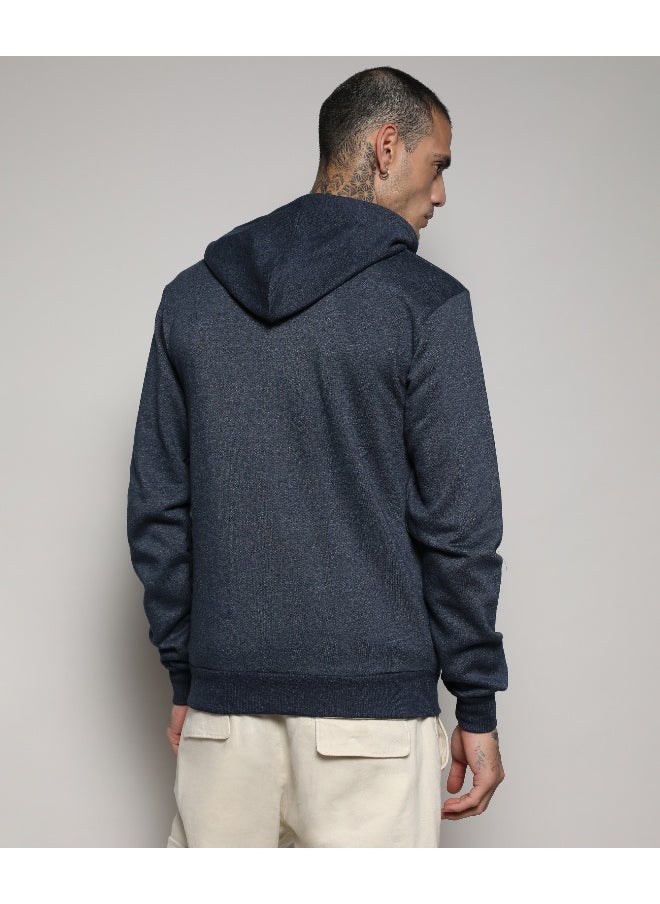 Men's Dark Blue Zip-Front Hoodie With Contrast Drawstring