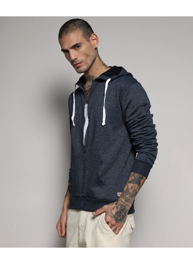 Men's Dark Blue Zip-Front Hoodie With Contrast Drawstring