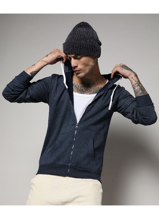 Men's Dark Blue Zip-Front Hoodie With Contrast Drawstring