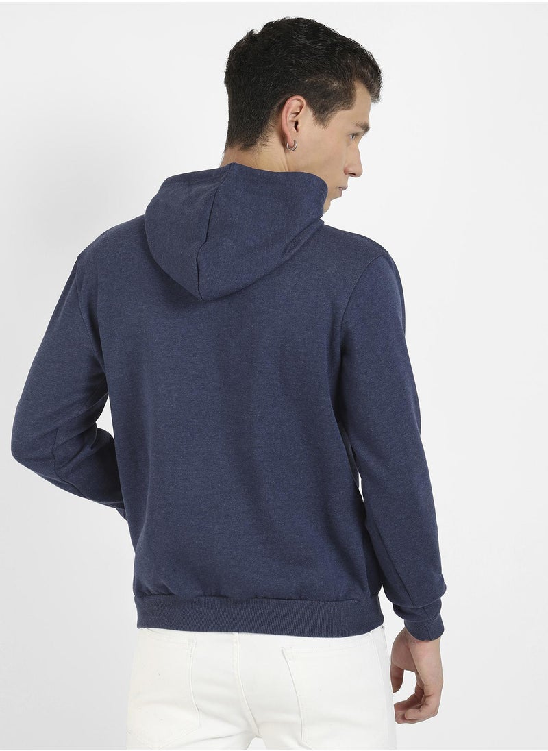 Men's Dark Blue Pullover Hoodie With Contrast Drawstring