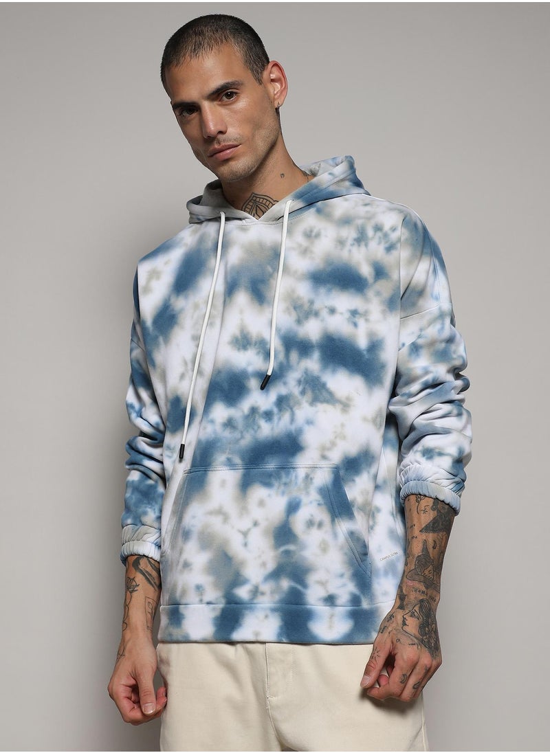 Men's White & Indigo Blue Tie-Dye Hoodie With Kangaroo Pocket