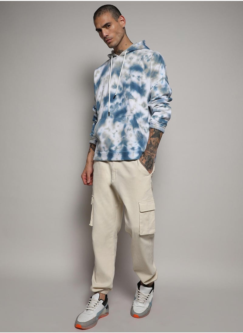 Men's White & Indigo Blue Tie-Dye Hoodie With Kangaroo Pocket