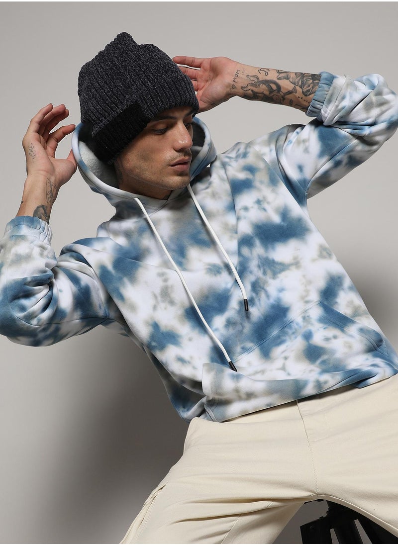 Men's White & Indigo Blue Tie-Dye Hoodie With Kangaroo Pocket