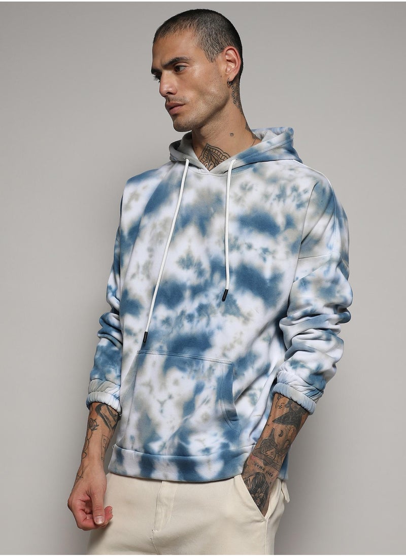 Men's White & Indigo Blue Tie-Dye Hoodie With Kangaroo Pocket