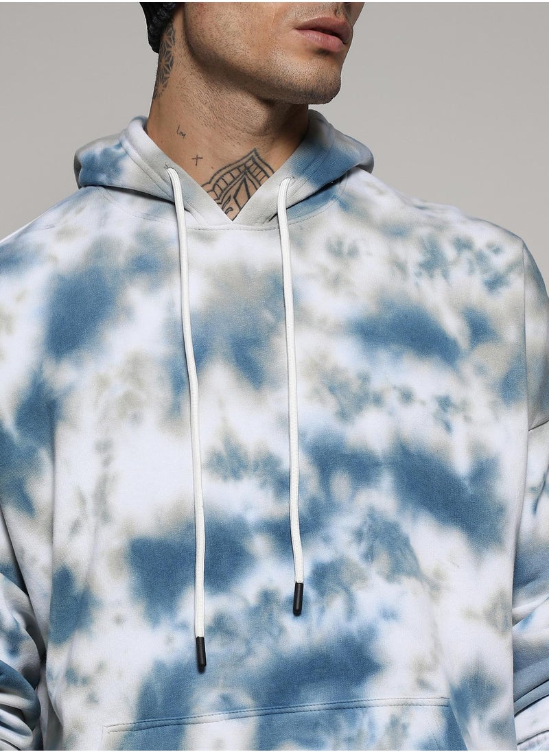 Men's White & Indigo Blue Tie-Dye Hoodie With Kangaroo Pocket