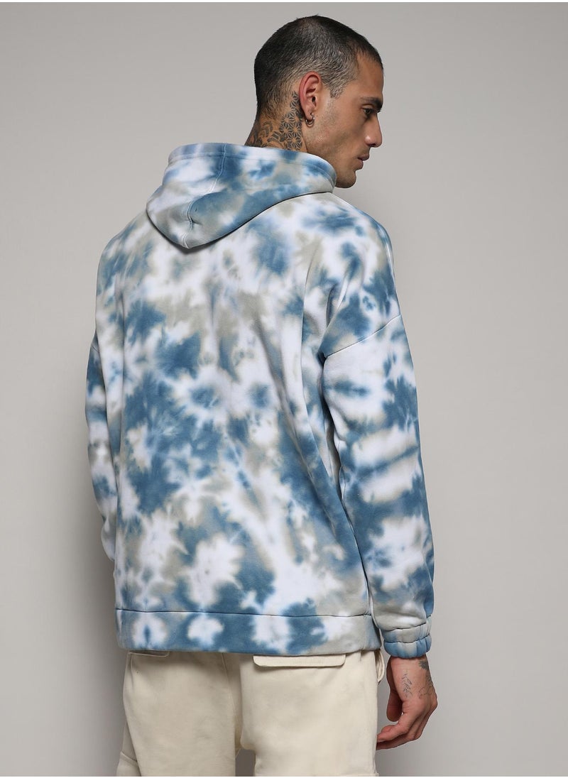 Men's White & Indigo Blue Tie-Dye Hoodie With Kangaroo Pocket