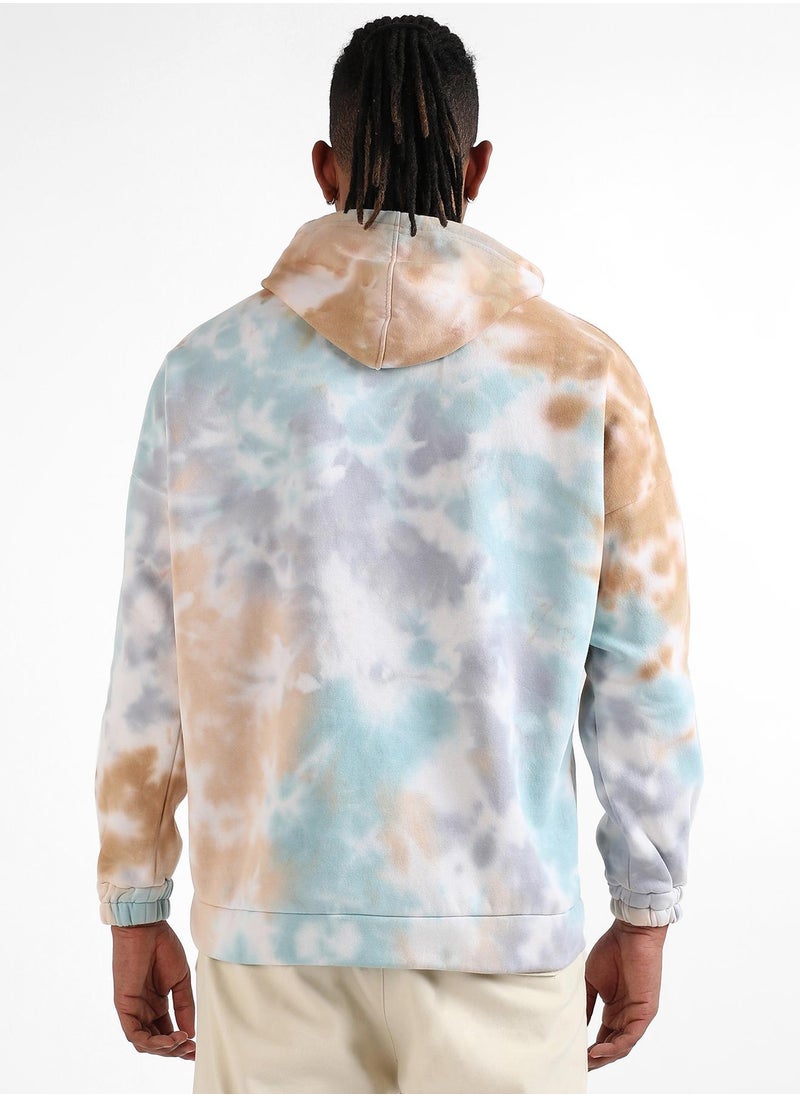 Men's Light Blue & Brown Pastel Tie Dye Hoodie With Kangaroo Pocket