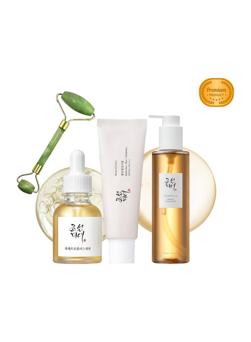 Best Seller of Beauty of Joseon - Relief Sun Rice + Probiotics, Glow Serum Propolis+Niacinamide, Ginseng Cleansing Oil, with Facial Massage Roller (50ml+30ml+210ml) 290ml