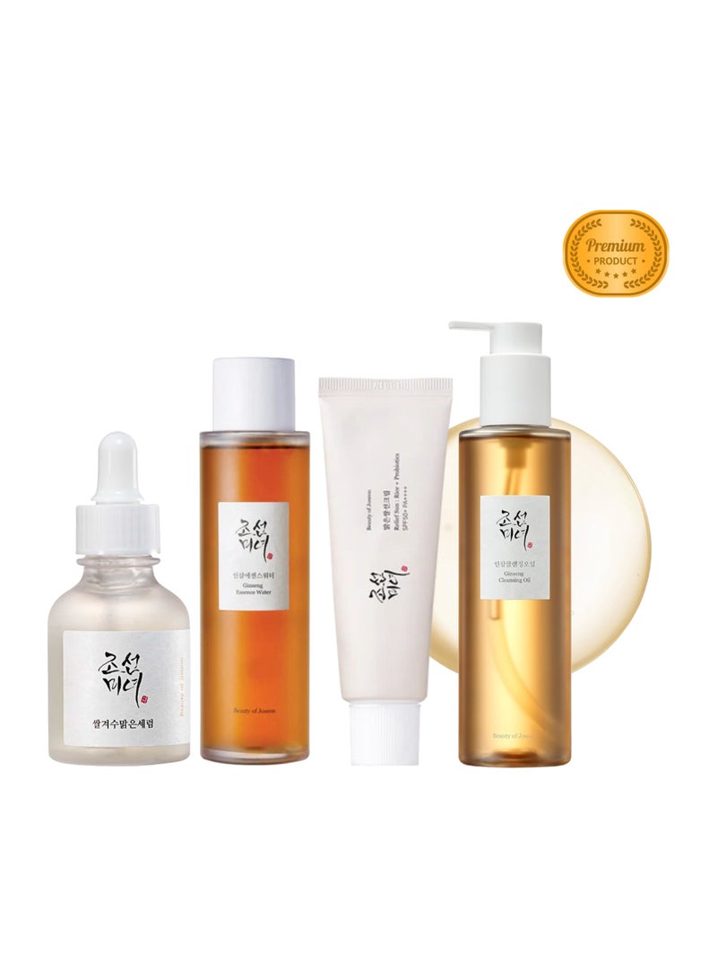 Glowy Uneven Skin Care Pack -Relief Sun Rice + Probiotics, Ginseng Cleansing Oil, Glow Deep Serum Rice +Alpha Arbutin, Ginseng Essence Water, with Facial Massage Roller (50ml+210ml+30ml+150ml) 440ml