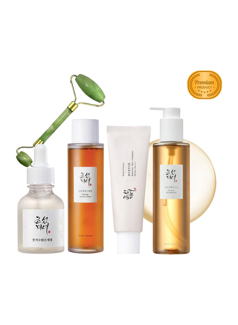 Glowy Uneven Skin Care Pack -Relief Sun Rice + Probiotics, Ginseng Cleansing Oil, Glow Deep Serum Rice +Alpha Arbutin, Ginseng Essence Water, with Facial Massage Roller (50ml+210ml+30ml+150ml) 440ml