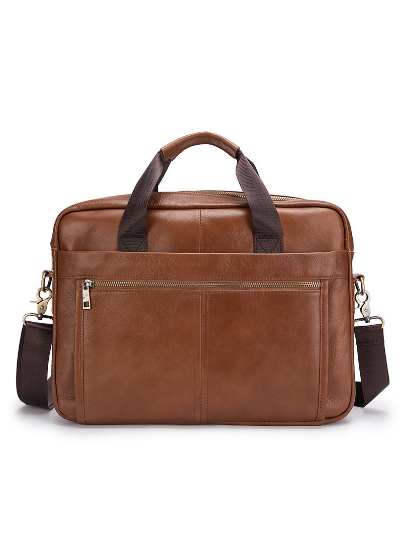 Genuine Leather Mens Briefcase 15-inch Laptop Bag Brown