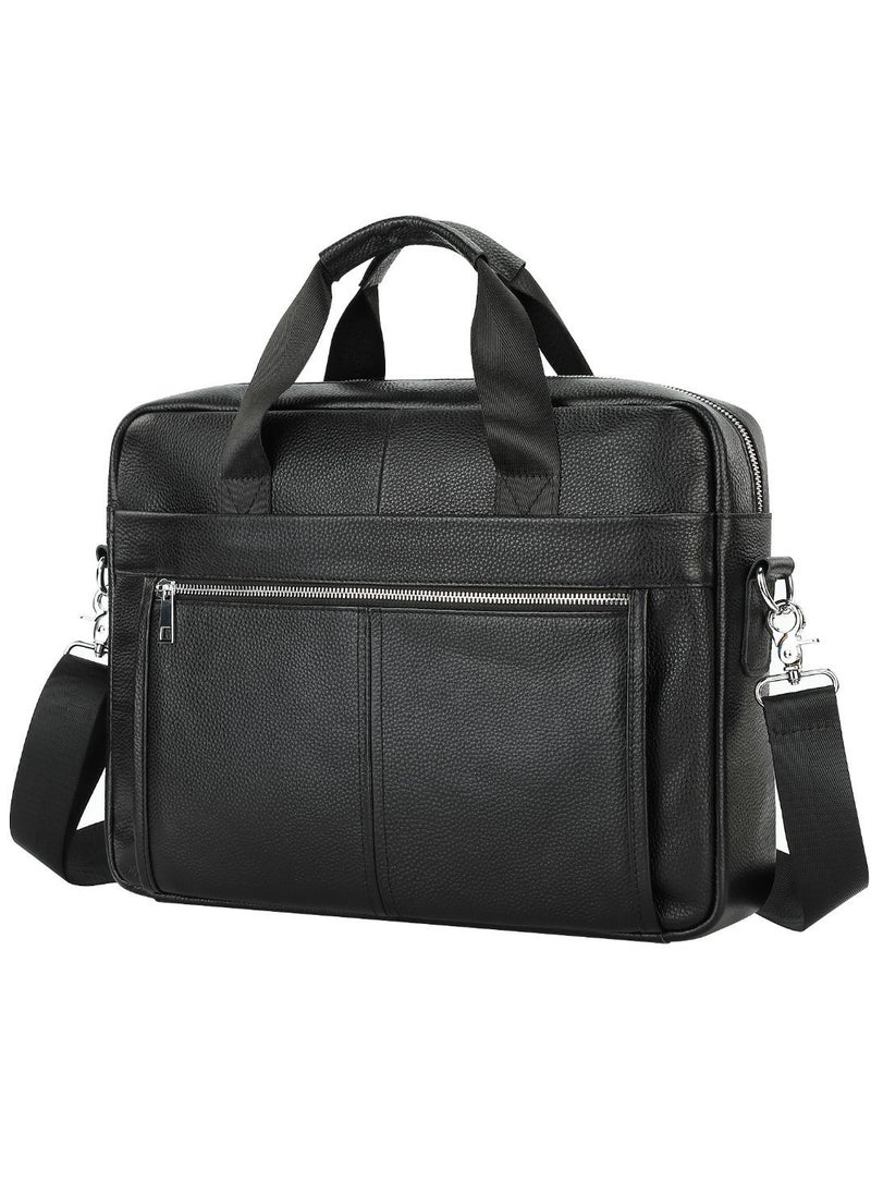 Genuine Leather Mens Briefcase 15-inch Laptop Bag Black