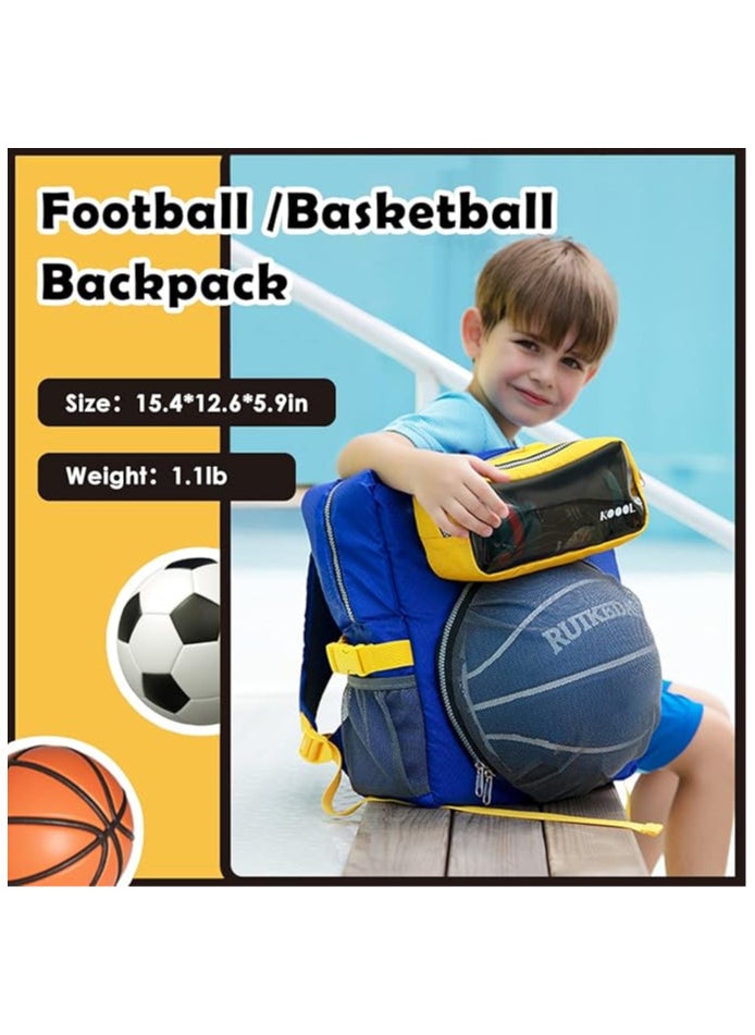 Basketball Backpack with Ball Compartment, Toddler Backpack for Boys, Children's Backpack for School 5-12 Years, Waterproof Sports Bag for Football, Volleyball, Football, blue