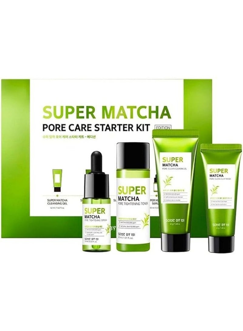 Super Matcha Pore Care Starter Kit - Includes Toner 1.01Oz + Serum 0.33Oz + Cleansing Gel 1.42Oz + Clay Mask 1.48Oz - For Sebum, Anti-Wrinkle And Trouble Care - Facial Skin Care Set Of 4 100ml