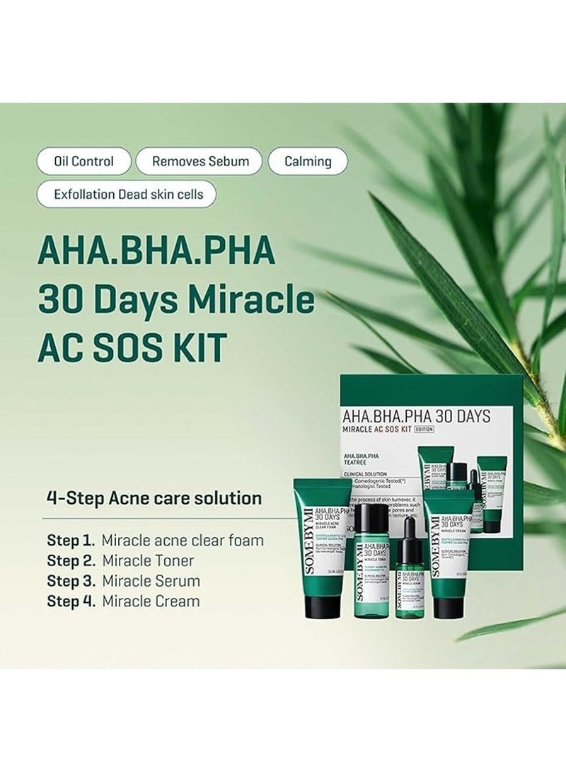 Aha Bha Pha 30Days Miracle Ac Sos Kit - Includes Toner 1.01Oz + Serum 0.33Oz + Cream 0.7Oz + Foam 1.01Oz - Mild Exfoliating Daily Skin Care Set For Skin Wastes, Sebum, Oiliness Care 100ml