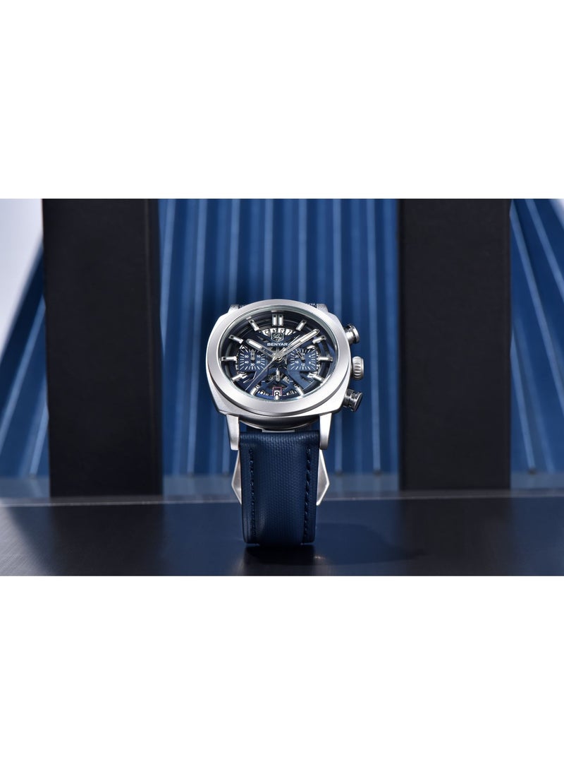 Watches for Men Luxury Quartz Water Resistant Watch Men's Chronograph Genuine Leather Strap 5205 Blue