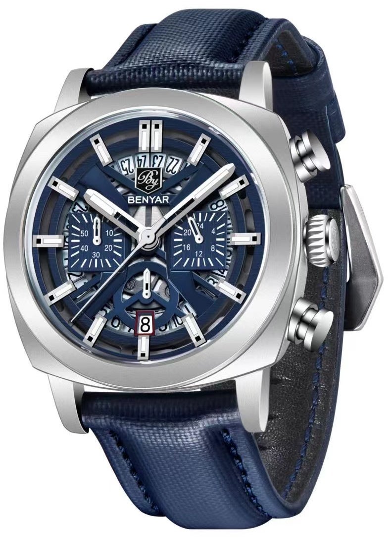 Watches for Men Luxury Quartz Water Resistant Watch Men's Chronograph Genuine Leather Strap 5205 Blue