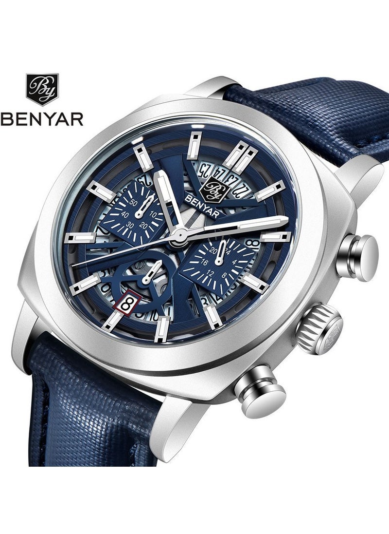 Watches for Men Luxury Quartz Water Resistant Watch Men's Chronograph Genuine Leather Strap 5205 Blue