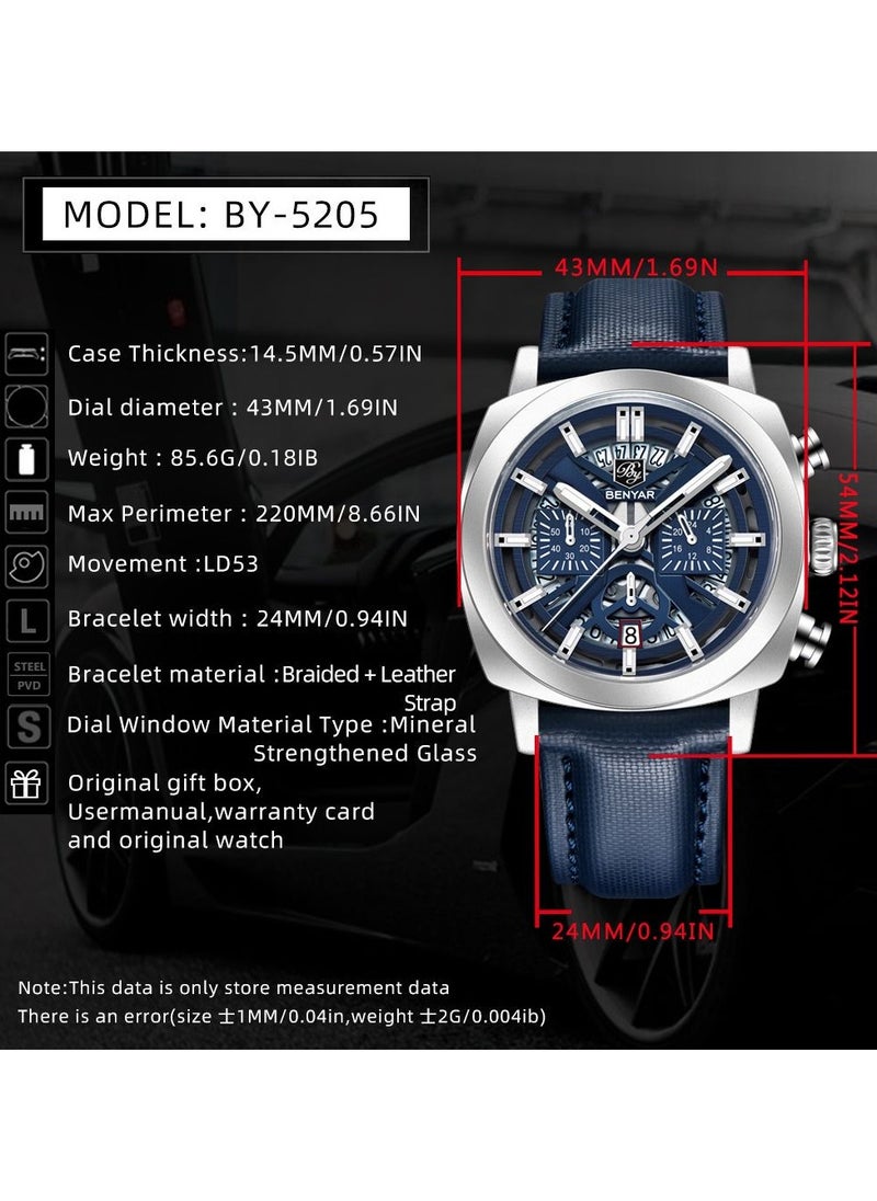 Watches for Men Luxury Quartz Water Resistant Watch Men's Chronograph Genuine Leather Strap 5205 Blue