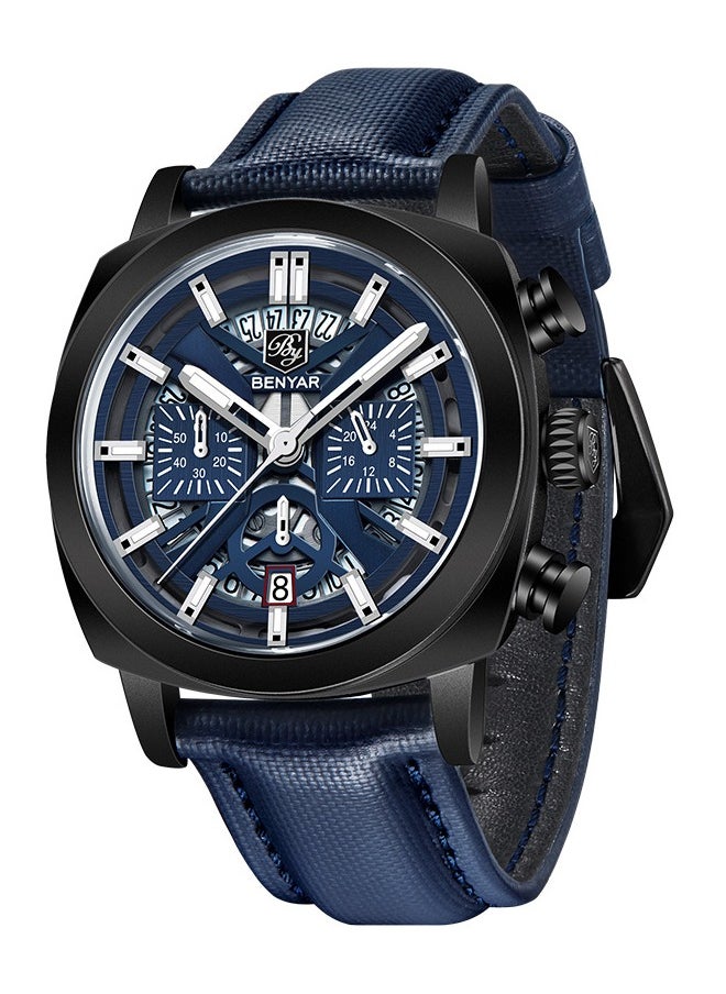 Watches for Men Luxury Quartz Water Resistant Watch Men's Chronograph Genuine Leather Strap 5205