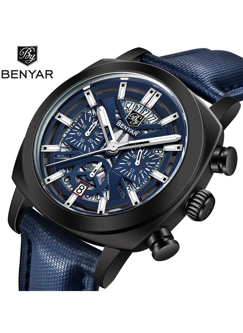 Watches for Men Luxury Quartz Water Resistant Watch Men's Chronograph Genuine Leather Strap 5205