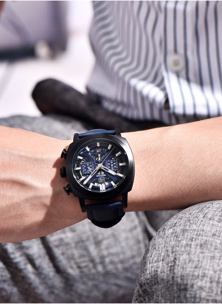 Watches for Men Luxury Quartz Water Resistant Watch Men's Chronograph Genuine Leather Strap 5205