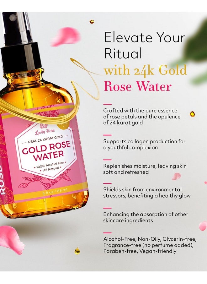 24 Karat Gold Rose Water Toner by Leven Rose Organic Natural Moroccan 24K Rosewater Toner 4 oz