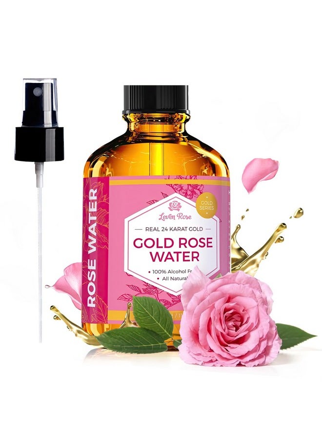 24 Karat Gold Rose Water Toner by Leven Rose Organic Natural Moroccan 24K Rosewater Toner 4 oz