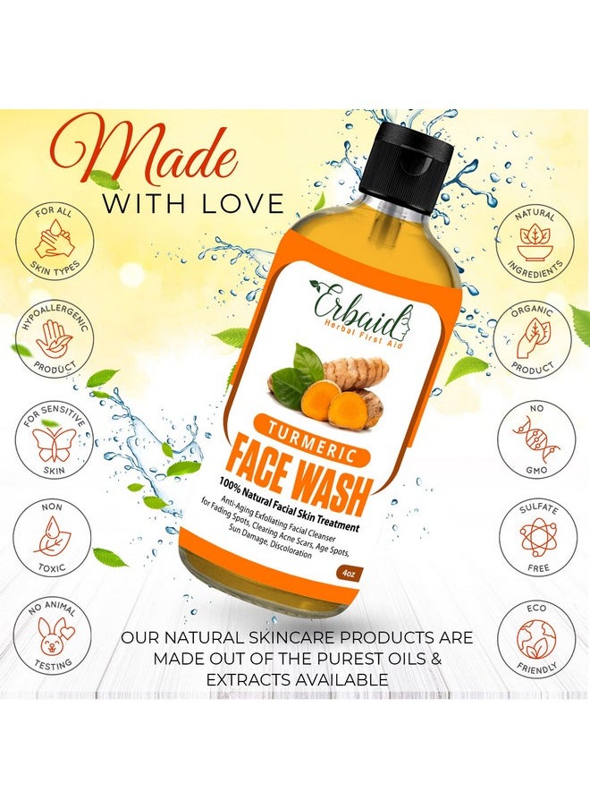 Erbaid Turmeric Face Wash, 4oz Clear Skin Liquid Soap - 100% Natural Exfoliating Turmeric Facial Cleanser - Turmeric Brightening Soap Skin Detox Treatment Made in USA