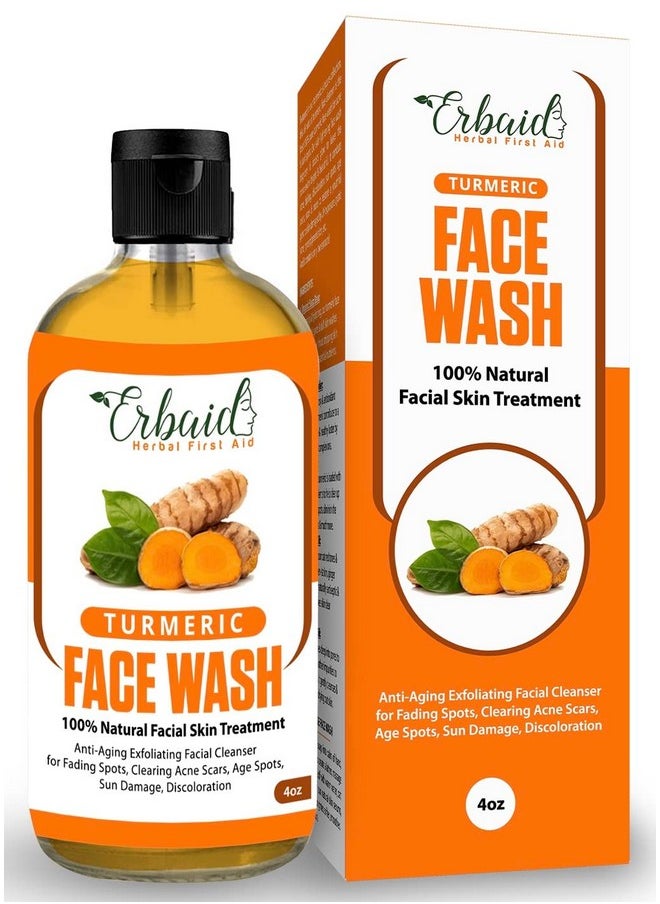 Erbaid Turmeric Face Wash, 4oz Clear Skin Liquid Soap - 100% Natural Exfoliating Turmeric Facial Cleanser - Turmeric Brightening Soap Skin Detox Treatment Made in USA