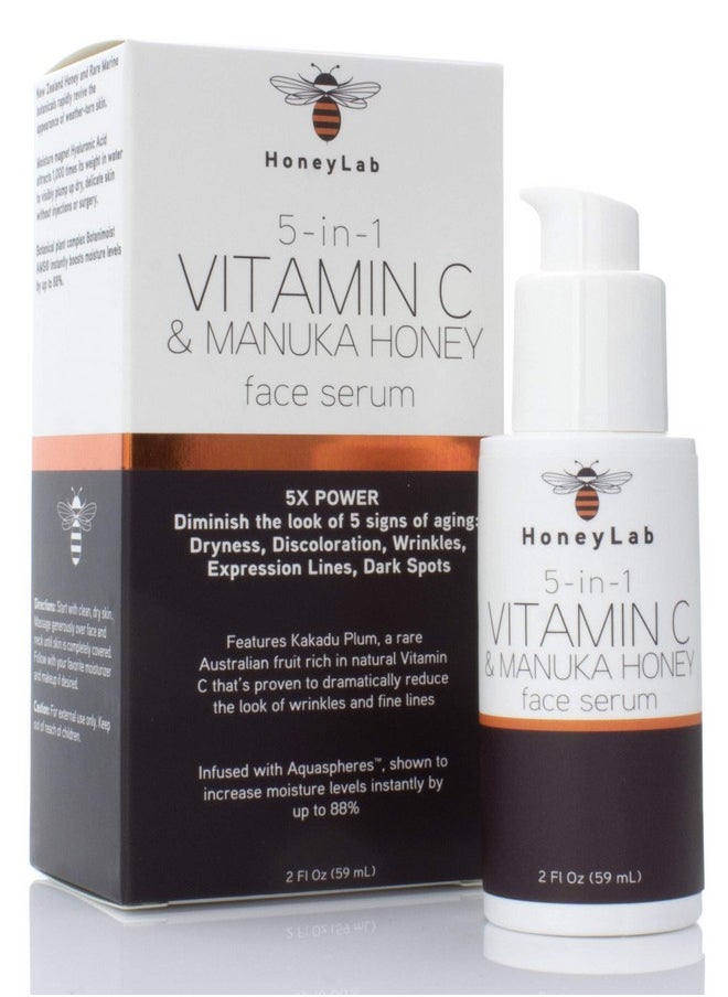 HoneyLab Vitamin C Face Serum with Hyaluronic Acid, Manuka Honey and peptides. Anti-aging serum contains Marine extracts that soften the look of dark spots, wrinkles and fine lines. 2oz bottle.