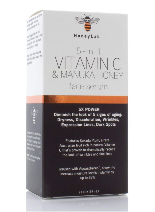 HoneyLab Vitamin C Face Serum with Hyaluronic Acid, Manuka Honey and peptides. Anti-aging serum contains Marine extracts that soften the look of dark spots, wrinkles and fine lines. 2oz bottle.