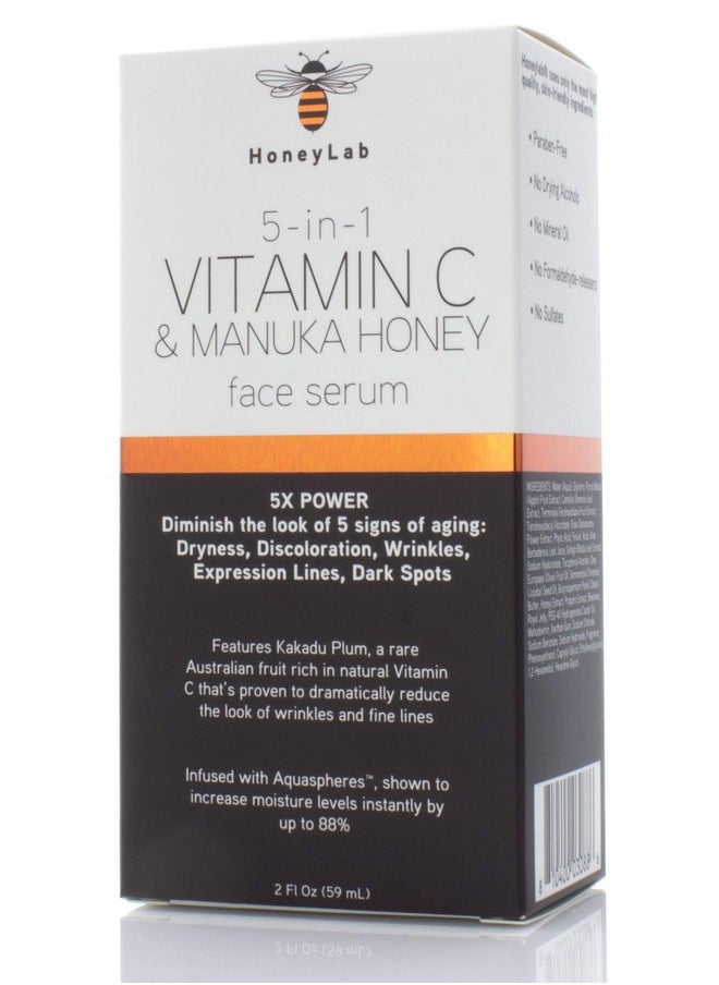 HoneyLab Vitamin C Face Serum with Hyaluronic Acid, Manuka Honey and peptides. Anti-aging serum contains Marine extracts that soften the look of dark spots, wrinkles and fine lines. 2oz bottle.