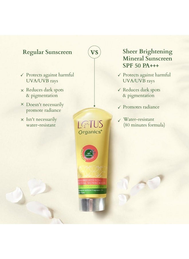 Lotus Organics+ Sheer Brightening Mineral Sunscreen | Non Greasy & Lightweight | SPF 50 | PA+++ | 100g