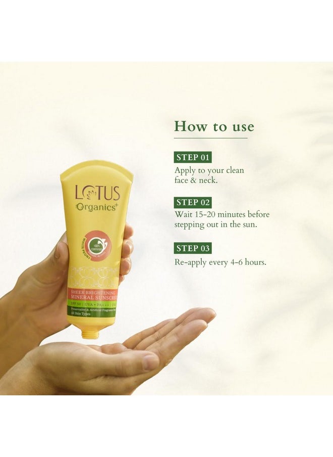 Lotus Organics+ Sheer Brightening Mineral Sunscreen | Non Greasy & Lightweight | SPF 50 | PA+++ | 100g