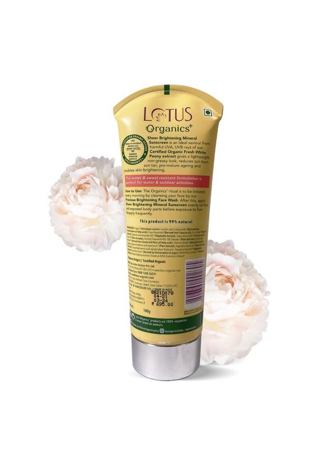 Lotus Organics+ Sheer Brightening Mineral Sunscreen | Non Greasy & Lightweight | SPF 50 | PA+++ | 100g