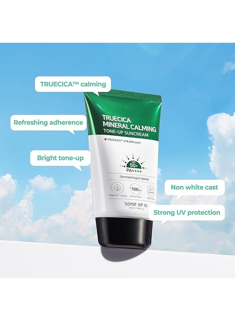 Truecica Mineral Calming Tone-Up Suncream Spf50+, Pa++++ - Brightening And Calming Effect - Mild Sun And Uv Protection Sunscreen For Sensitive Skin 50ml